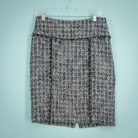 Brooks Brothers Size 4 Blue Tweed Boucle Fringe Zip Pencil Straight Lined Skirt